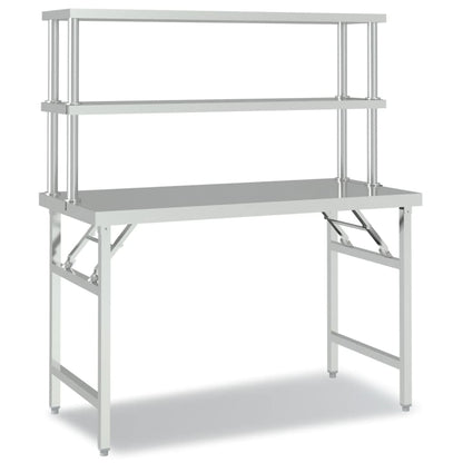 vidaXL Kitchen Work Table with Overshelf 120x60x145 cm Stainless Steel 2