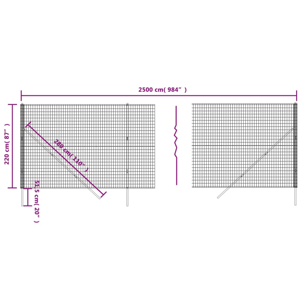 vidaXL Wire Mesh Fence Anthracite 2.2x25 m Galvanised Steel 5