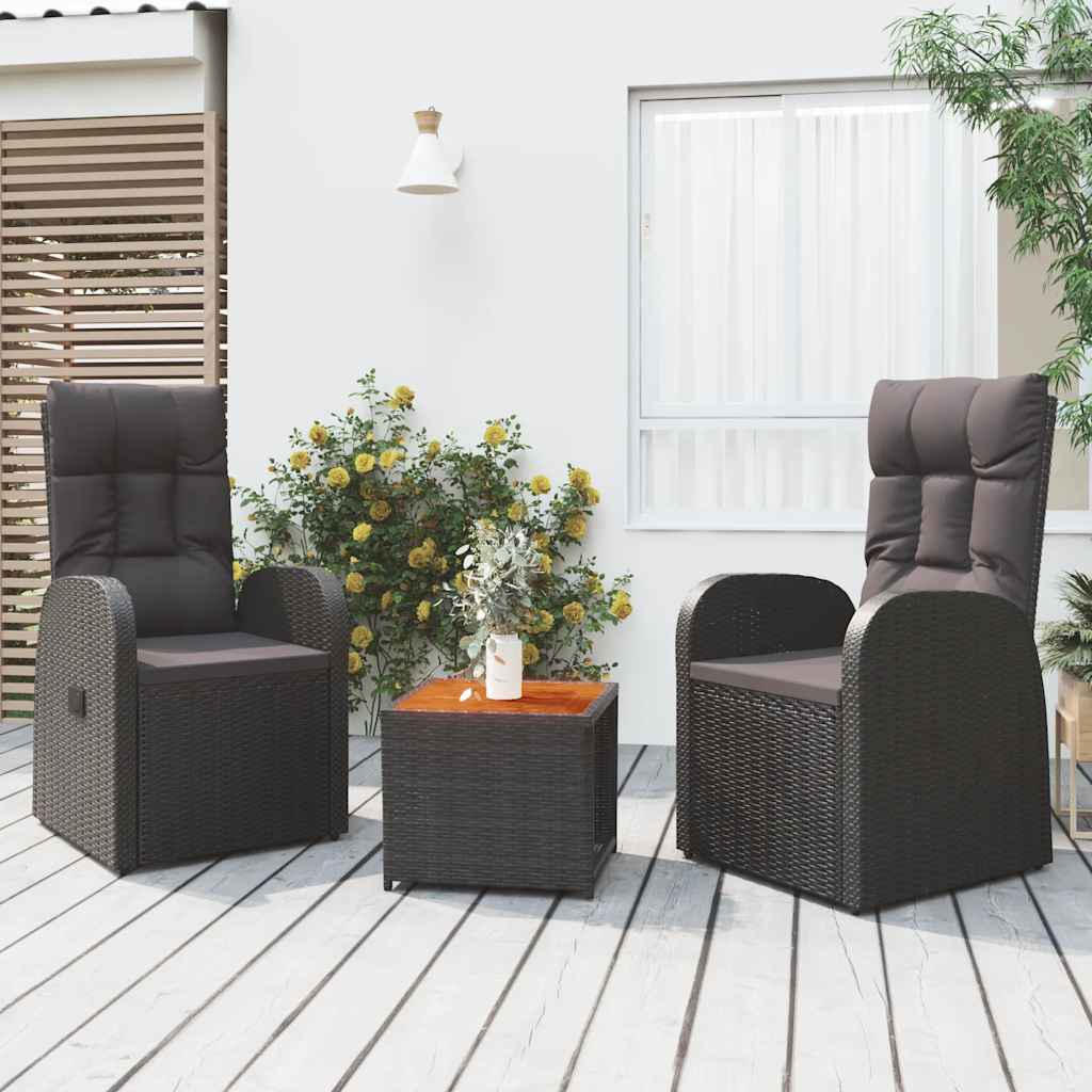vidaXL 3 Piece Garden Lounge Set Black Poly Rattan&Solid Wood Acacia 1