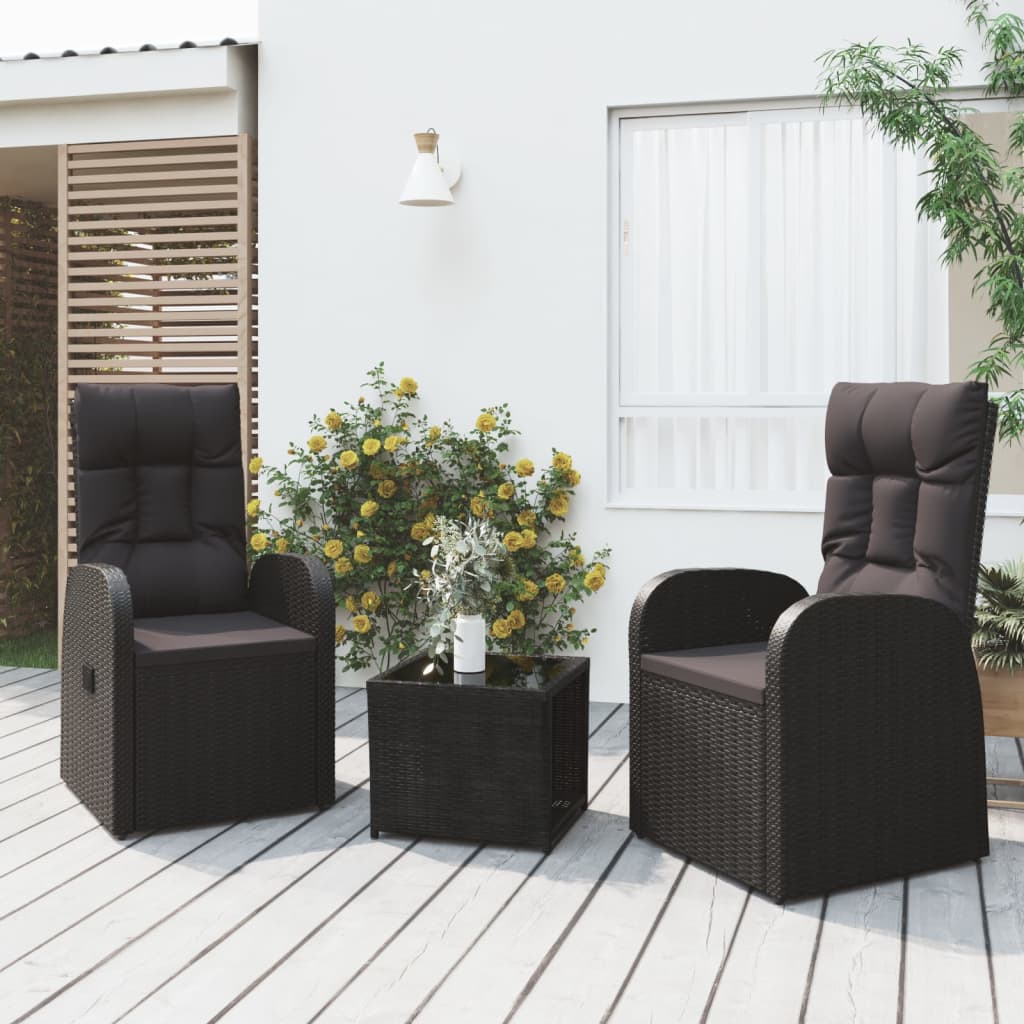 vidaXL 3 Piece Garden Lounge Set Black Poly Rattan&Steel 1