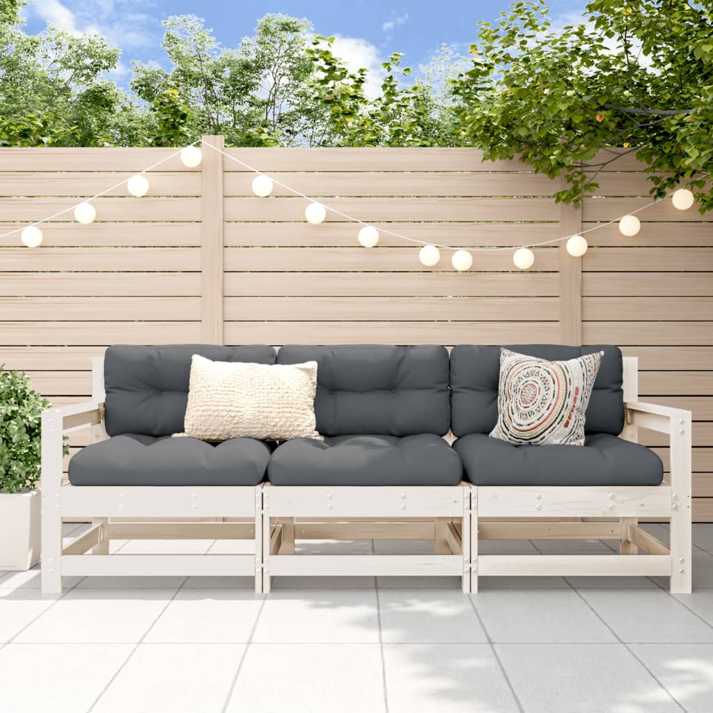 3 Piece Garden Lounge Set White Solid Wood Pine White Pinewood 3-seater sofa