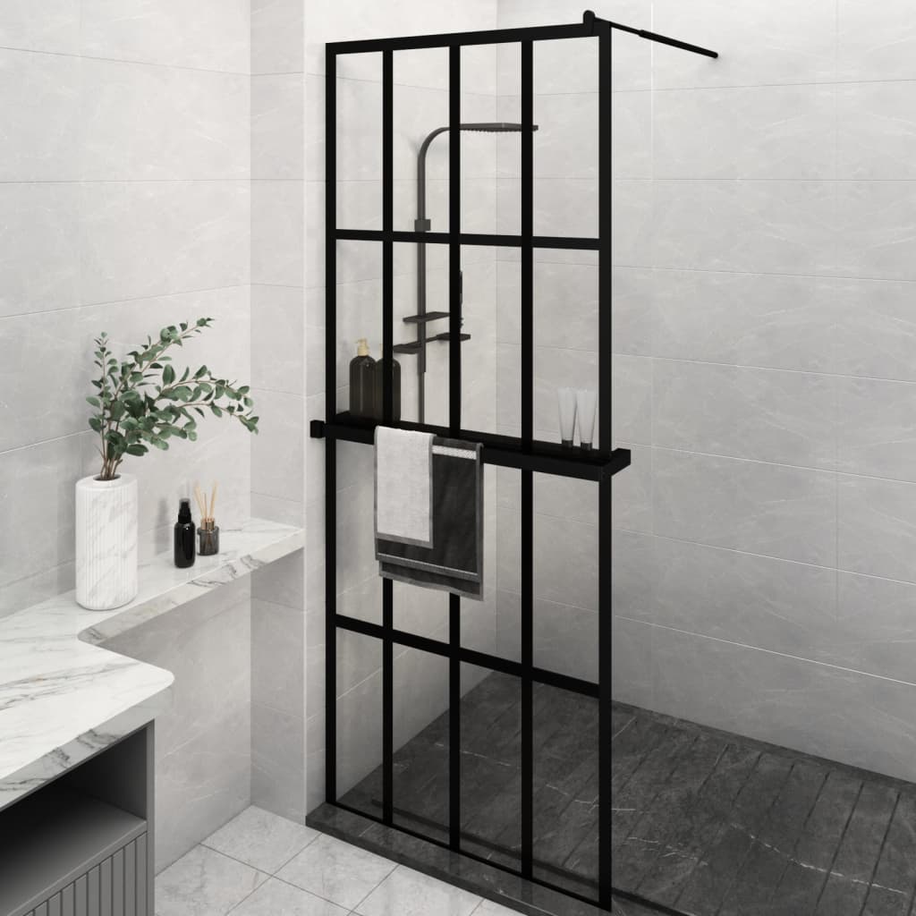 vidaXL Walk-in Shower Wall with Shelf Black 4x4 Grids