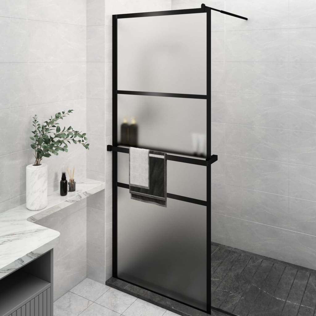 Walk-in Shower Wall with Shelf Black 80 x 195 cm Frosted