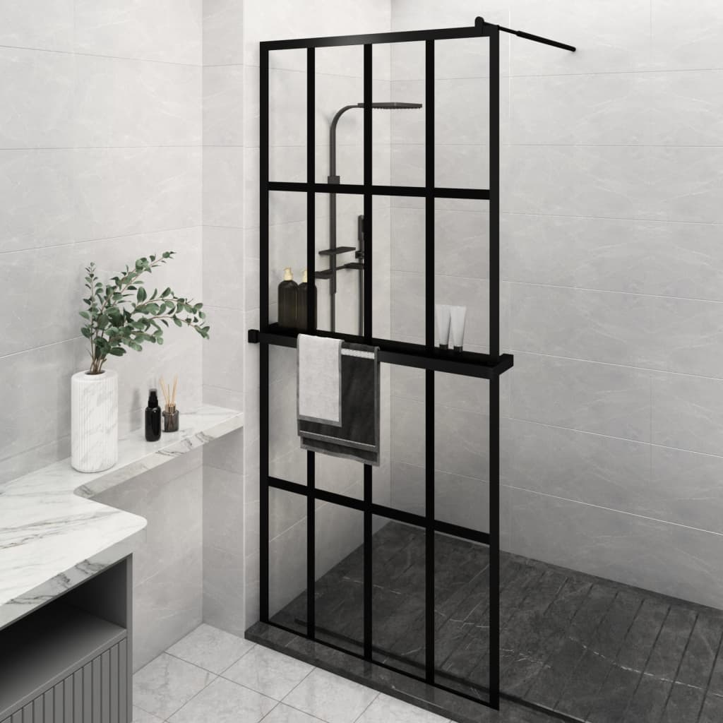 vidaXL Walk-in Shower Wall with Shelf Black 4x4 Grids