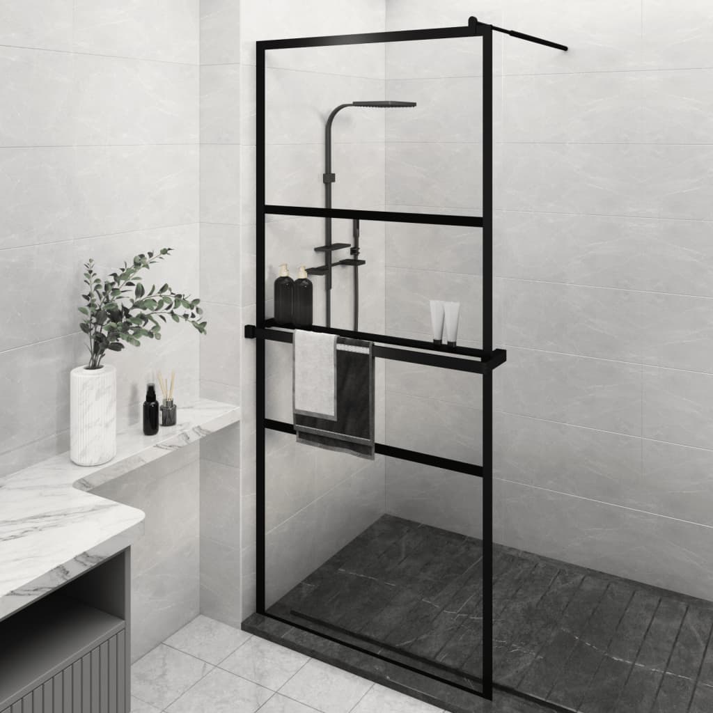 vidaXL Walk-in Shower Wall with Shelf Black 90x195 cm ESG Glass&Aluminium 1