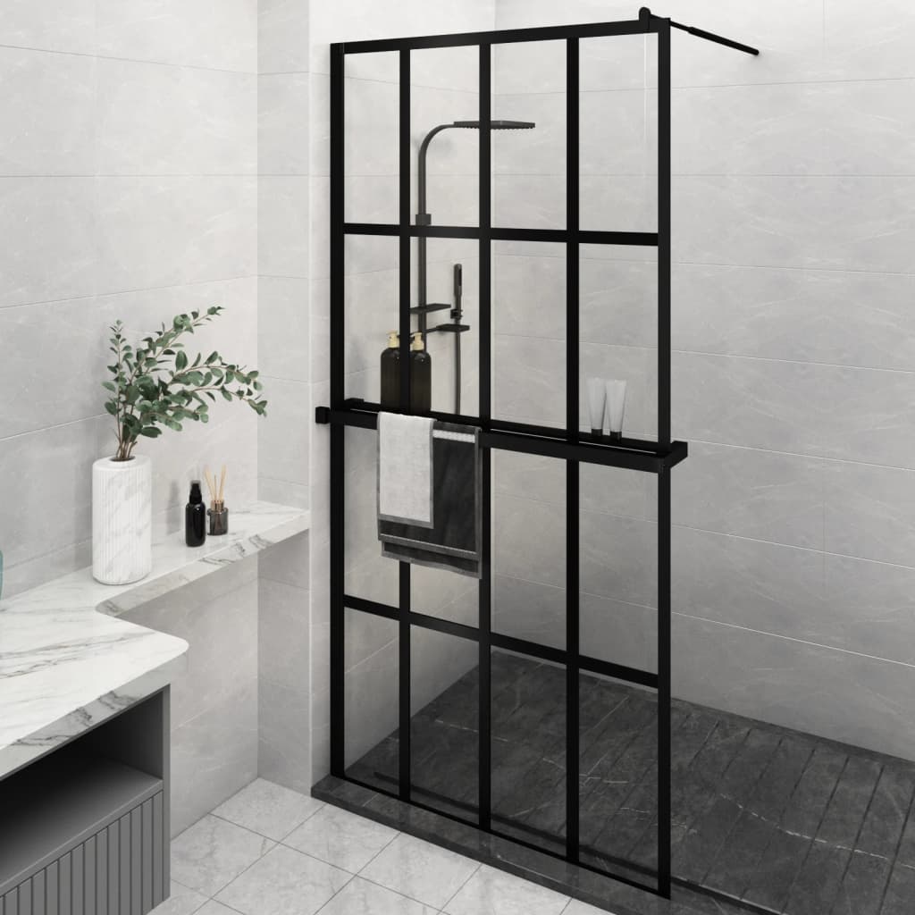 vidaXL Walk-in Shower Wall with Shelf Black 118x190 cm ESG Glass&Aluminium 1