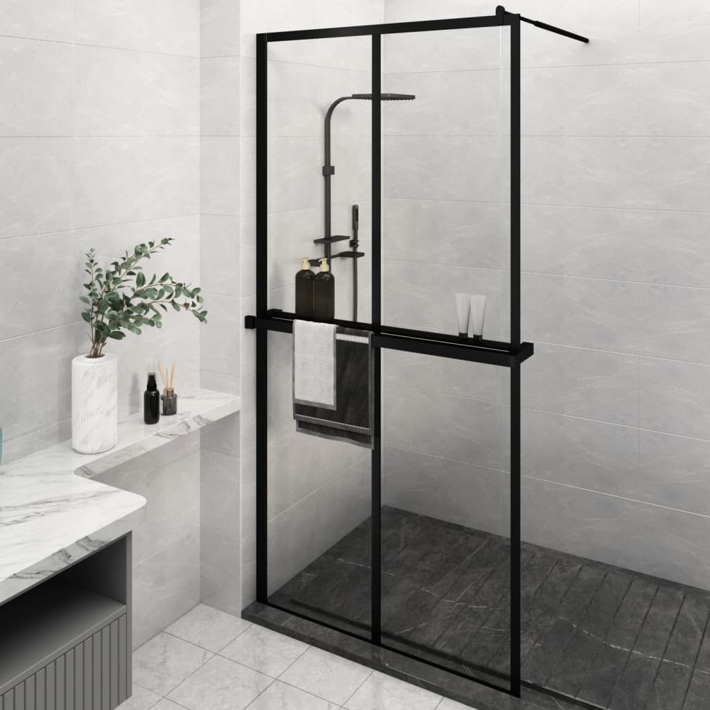 vidaXL Walk-in Shower Wall with Shelf Black 118x190 cm ESG Glass&Aluminium 1