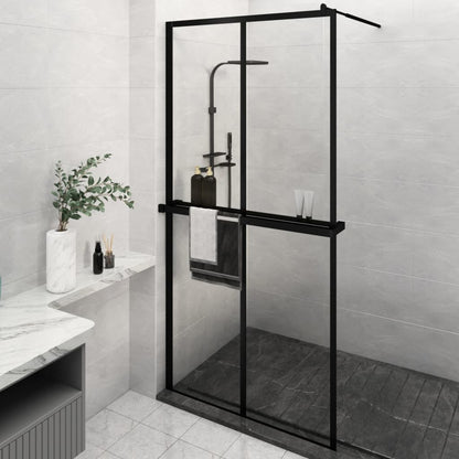 Walk-in Shower Wall with Shelf Black 2x2 grids Transparent