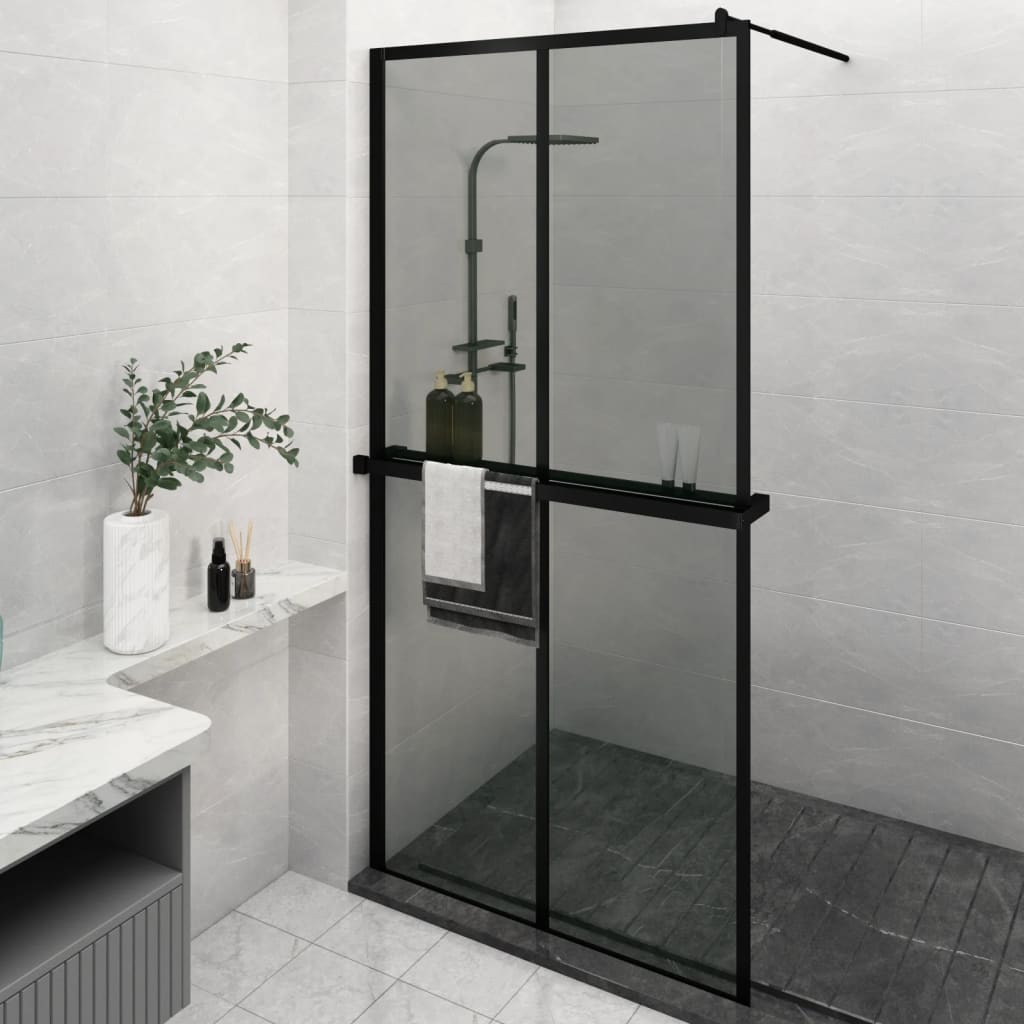 vidaXL Walk-in Shower Wall with Shelf Black 118x190 cm ESG Glass&Aluminium 1