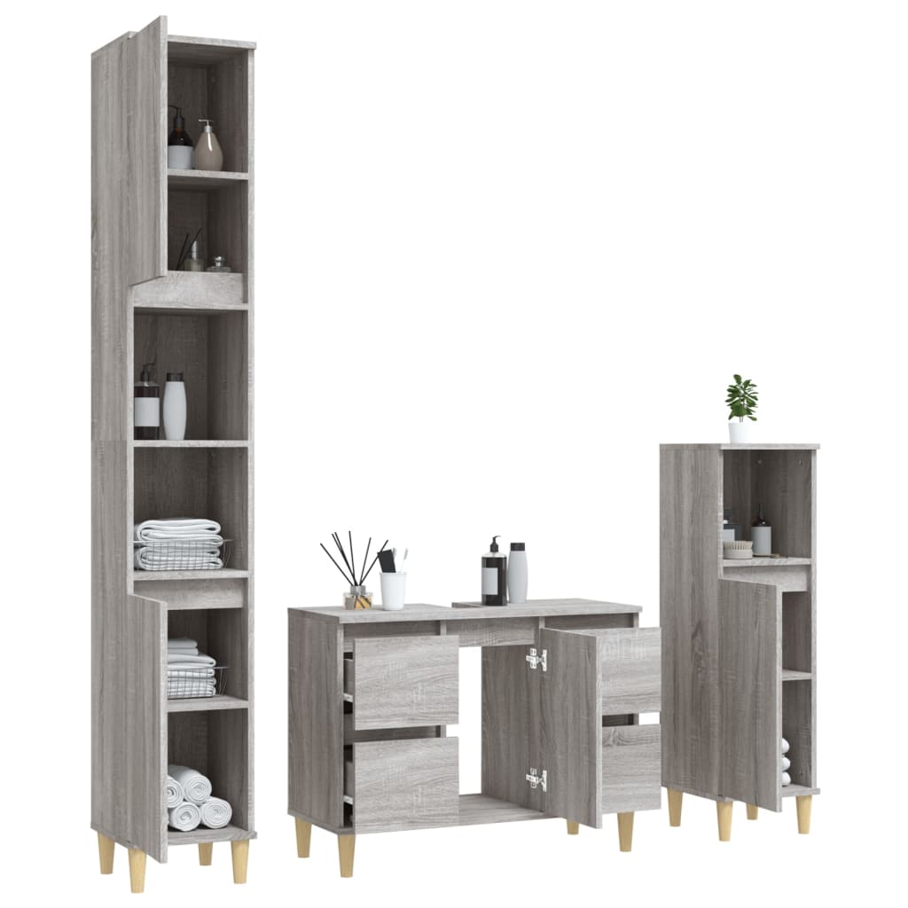 vidaXL 3 Piece Bathroom Furniture Set Grey Sonoma Engineered Wood 4