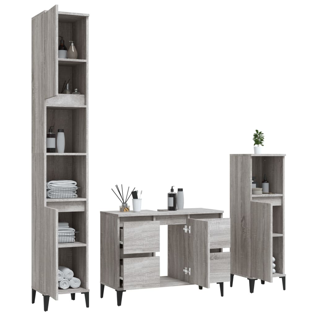vidaXL 3 Piece Bathroom Furniture Set Grey Sonoma Engineered Wood 4