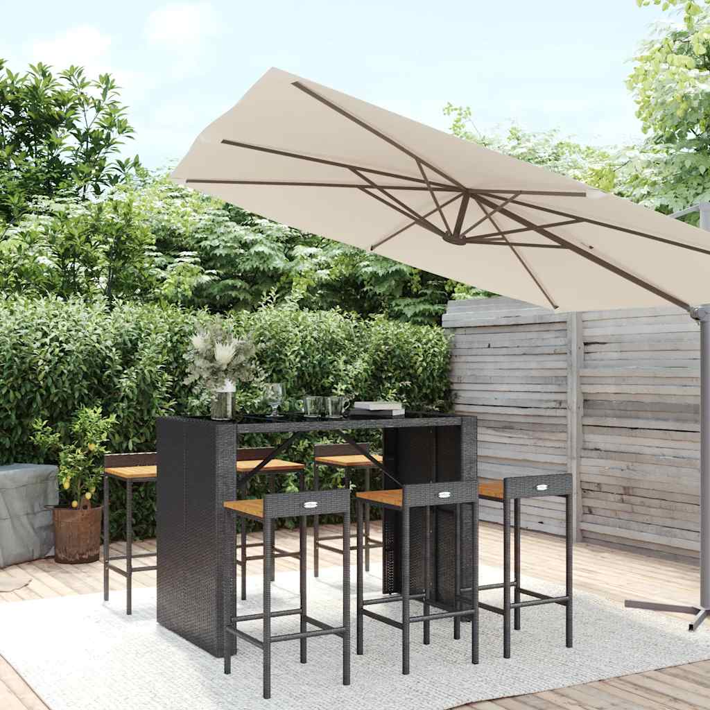 vidaXL 7 Piece Garden Bar Set Black Poly Rattan& Solid Wood Acacia 1