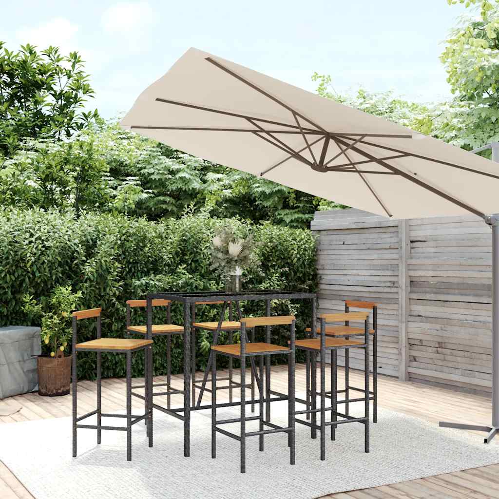 5 Piece Garden Bar Set Poly Rattan& Solid Wood Acacia Black 110 cm table length 6