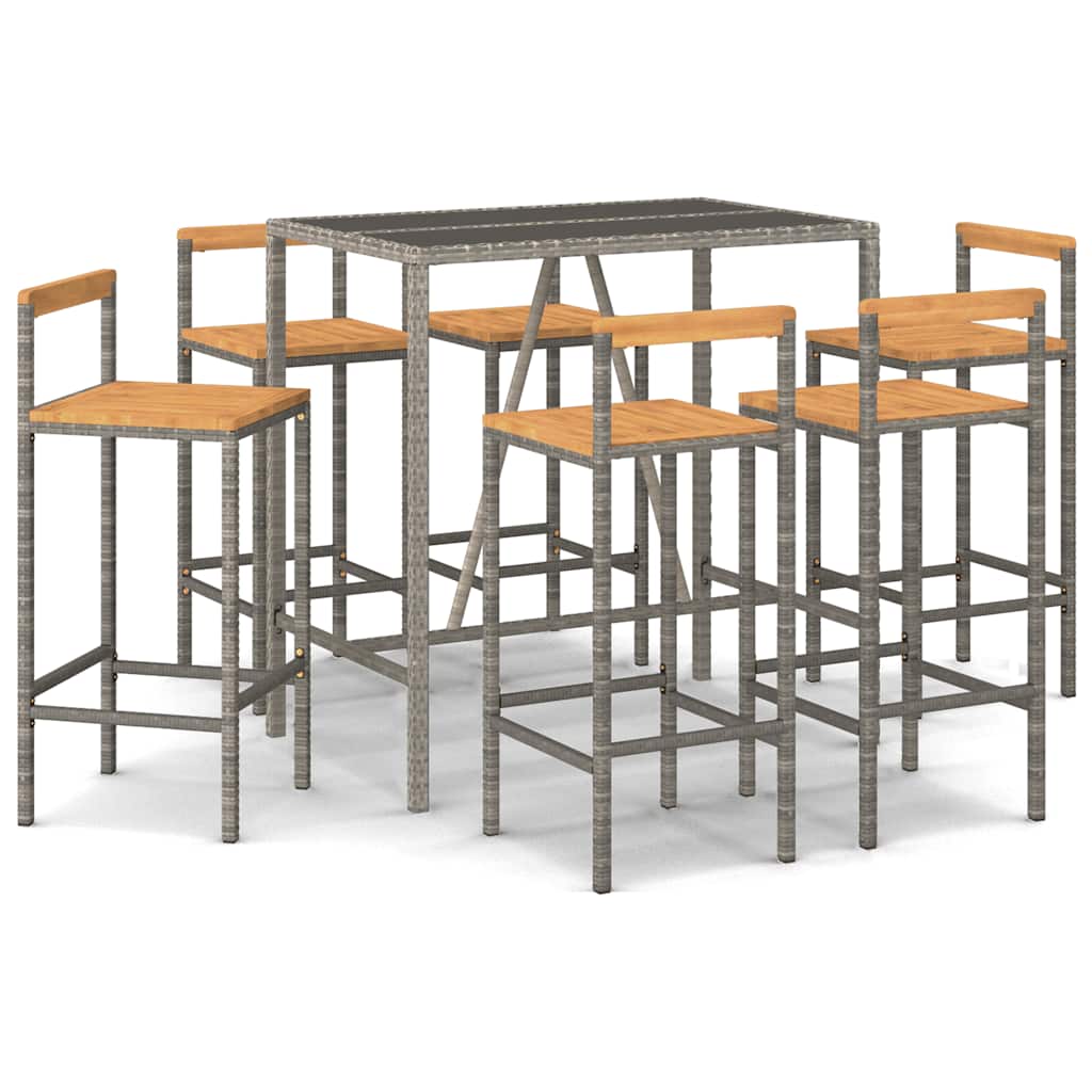 5 Piece Garden Bar Set Poly Rattan& Solid Wood Acacia Grey 110 cm table length 6
