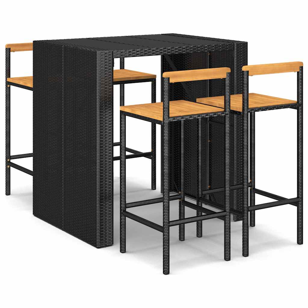 vidaXL 5 Piece Garden Bar Set Black Poly Rattan& Solid Wood Acacia 2