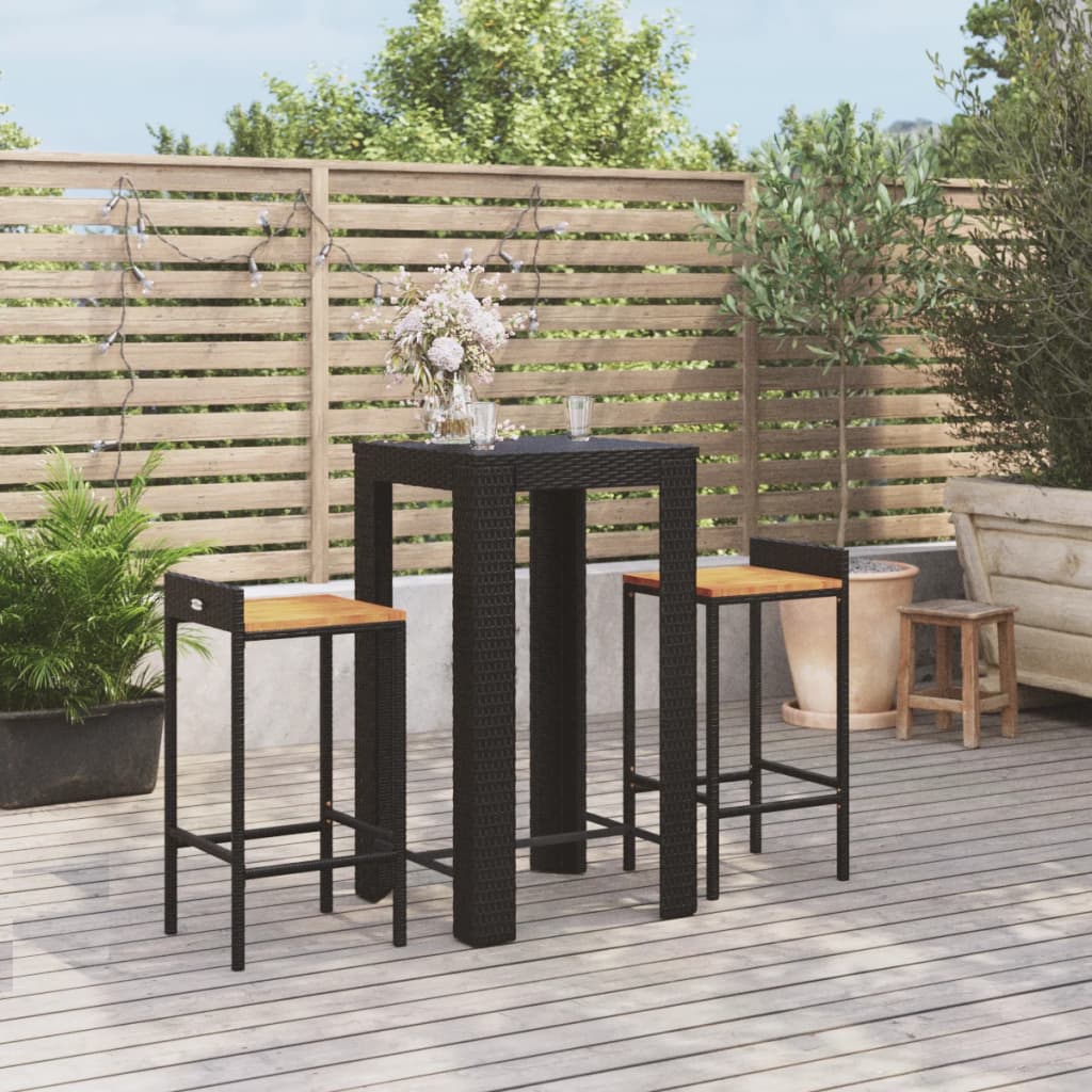 vidaXL 3 Piece Garden Bar Set Black Poly Rattan&Solid Wood Acacia 1