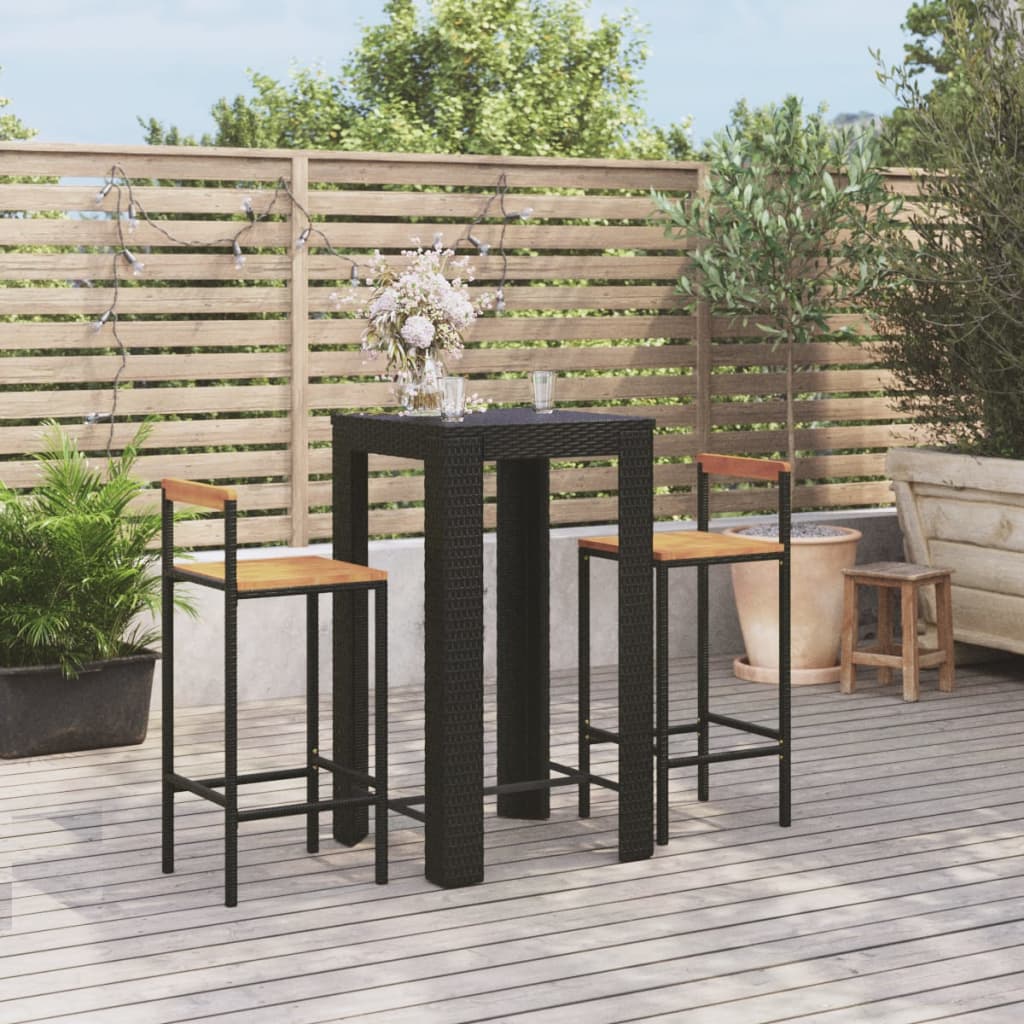 vidaXL 3 Piece Garden Bar Set Black Poly Rattan&Solid Wood Acacia 1