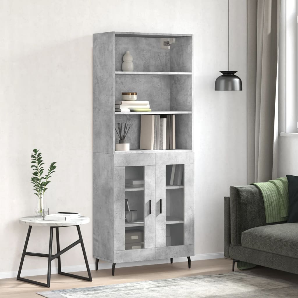 Highboard 69.5x34x180 cm Engineered Wood 2 Glass Doors Concrete grey