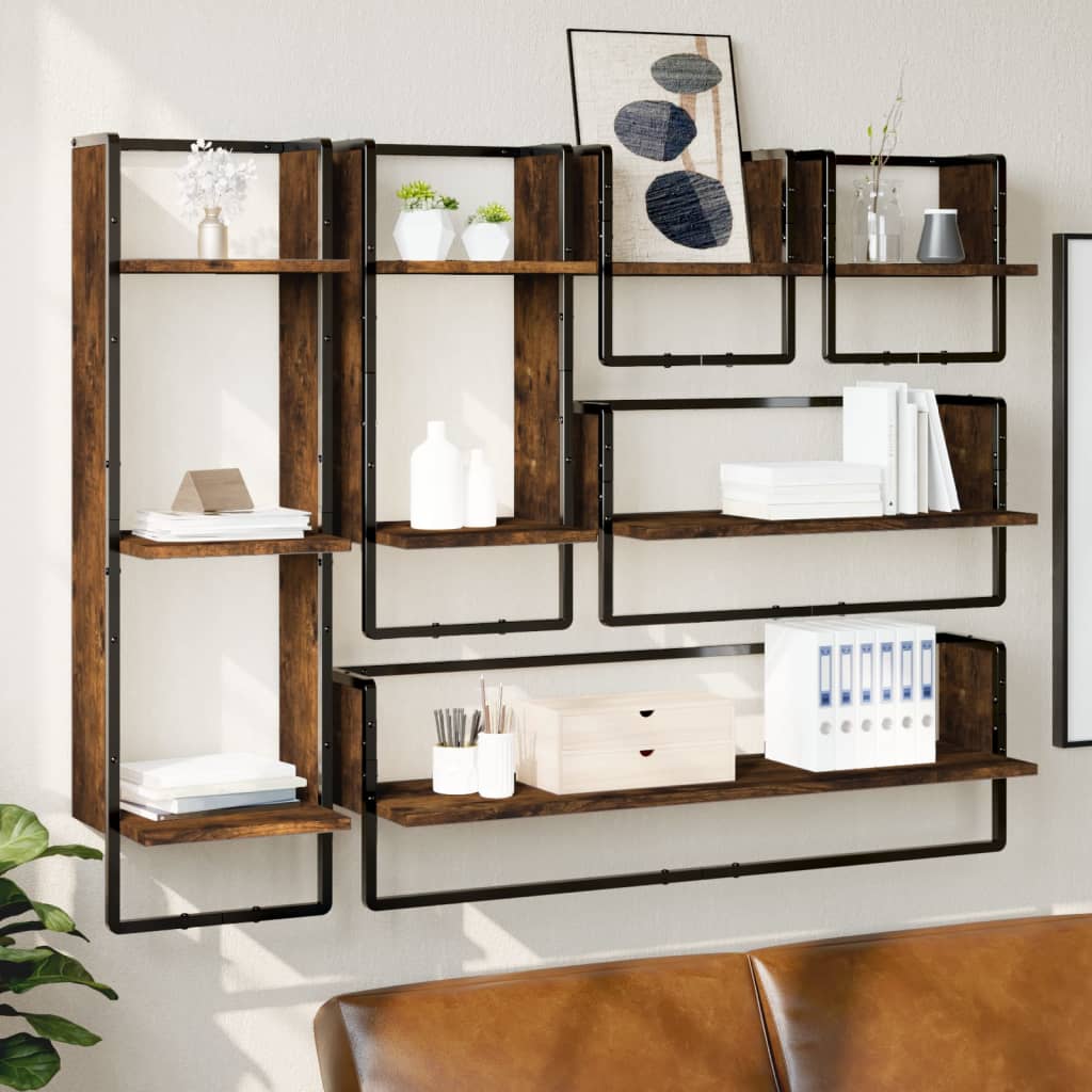 6 Piece Wall Shelf Set with Bars Engineered Wood Smoked oak