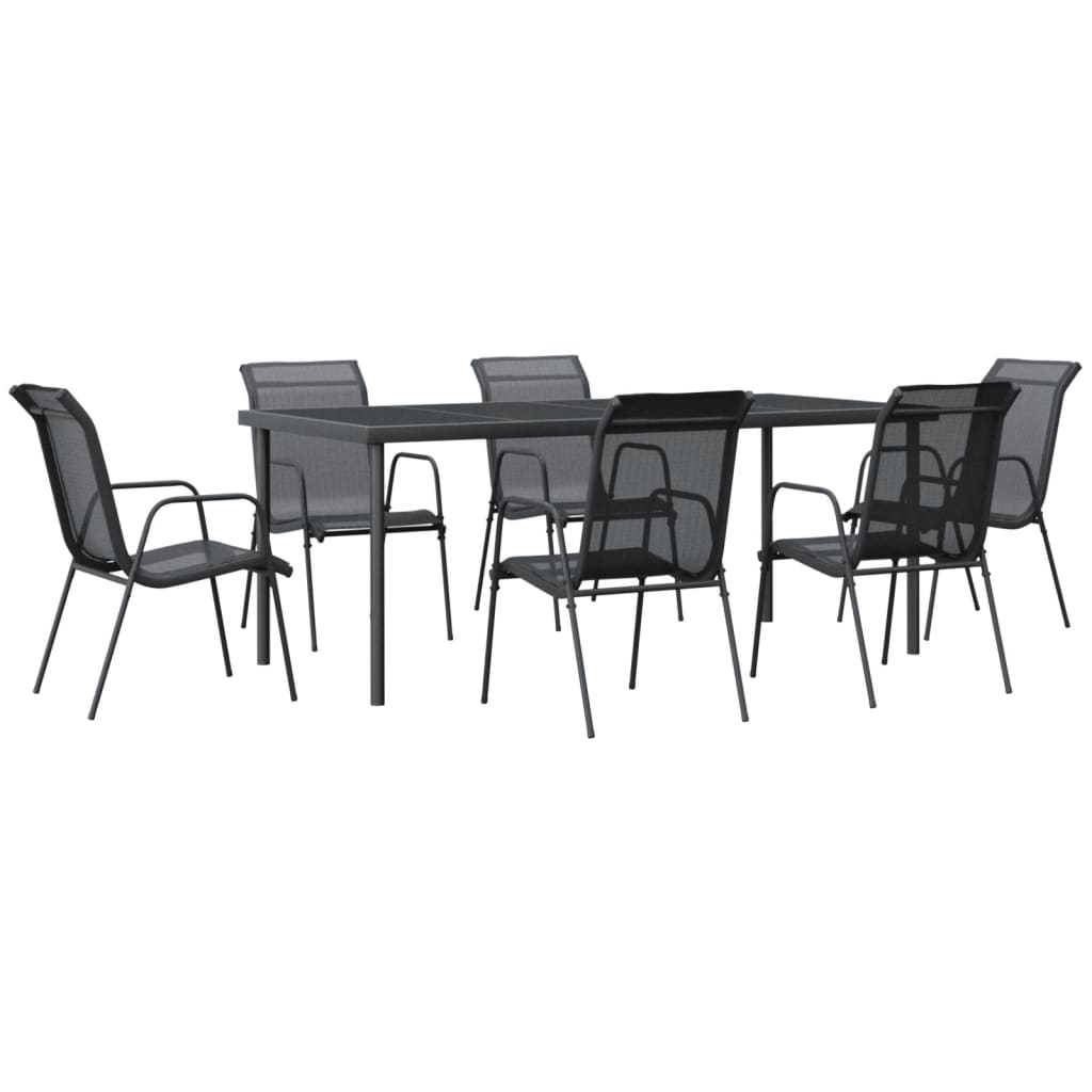 7 Piece Garden Dining Set Black Steel and Textilene 190 cm table length 6