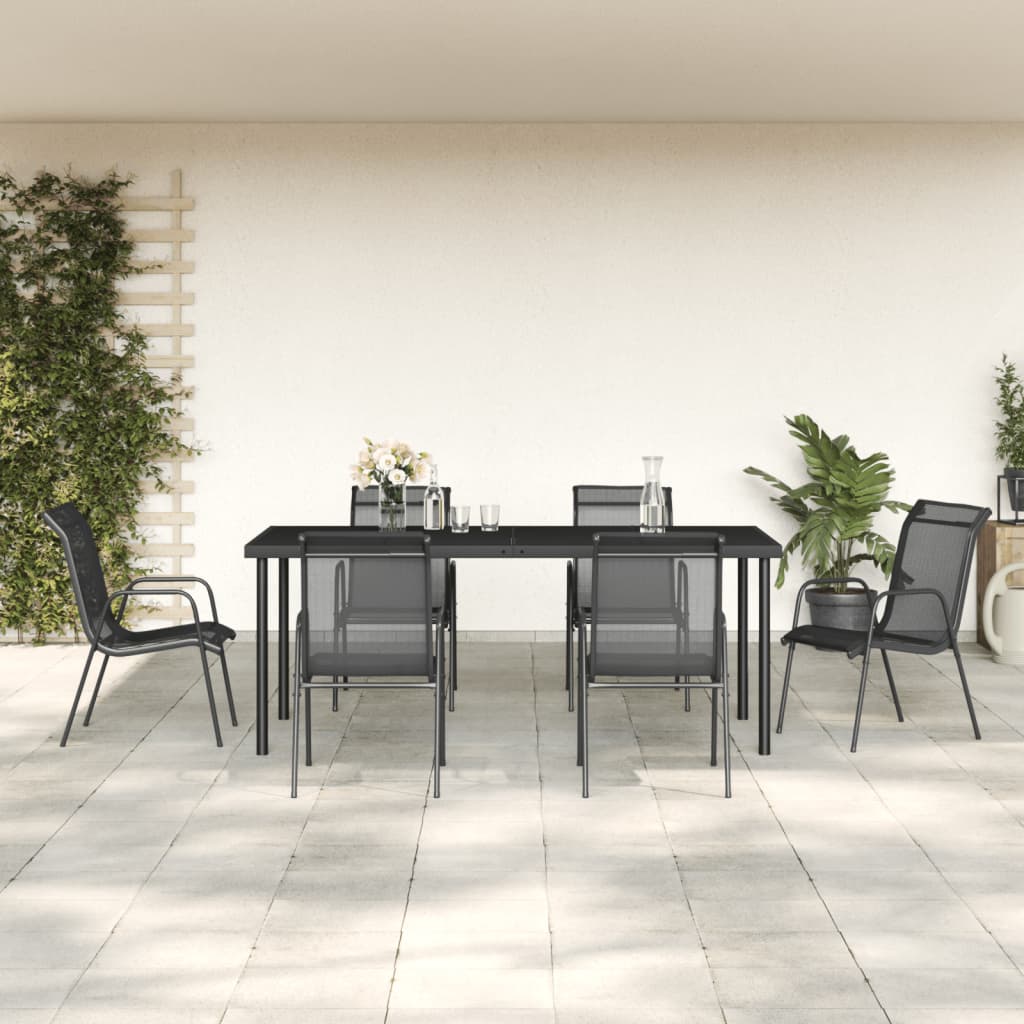 vidaXL 7 Piece Garden Dining Set Black Steel and Textilene 1