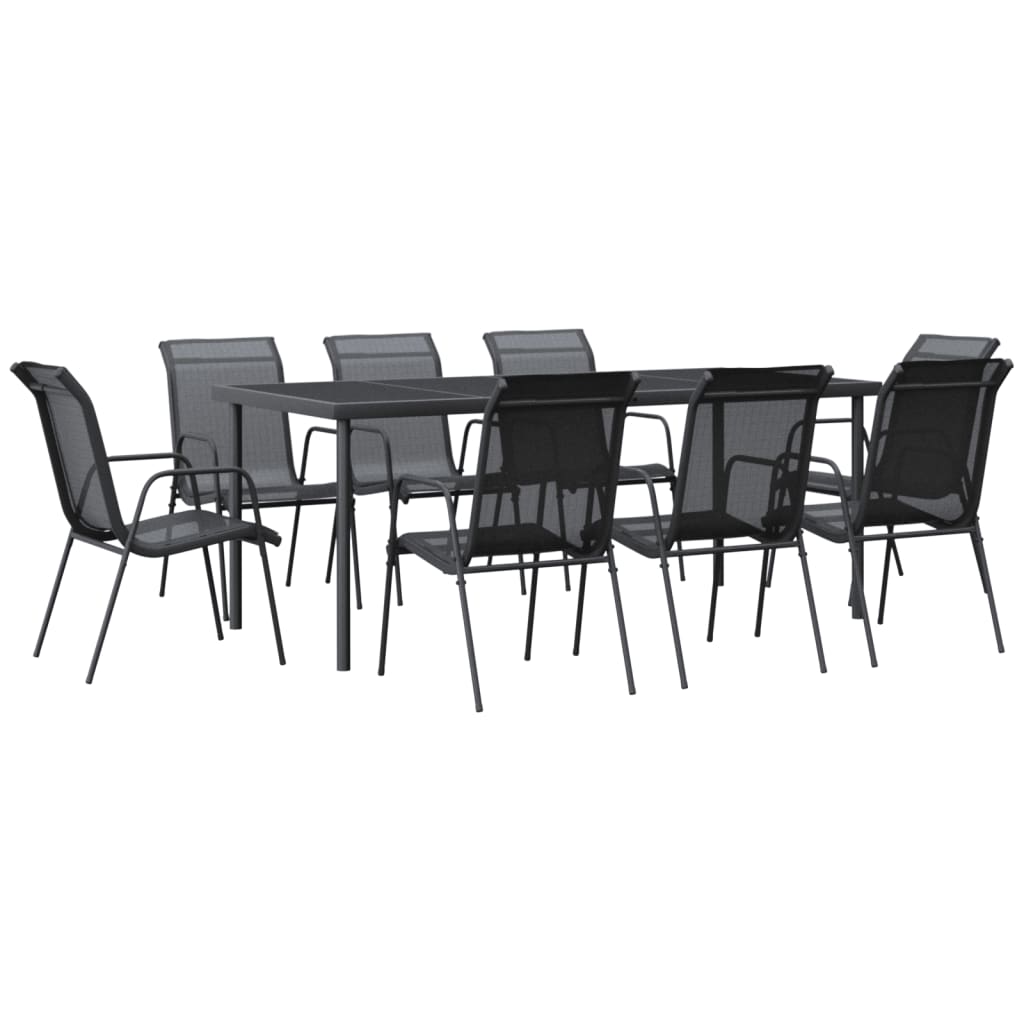 7 Piece Garden Dining Set Black Steel and Textilene 190 cm table length 8
