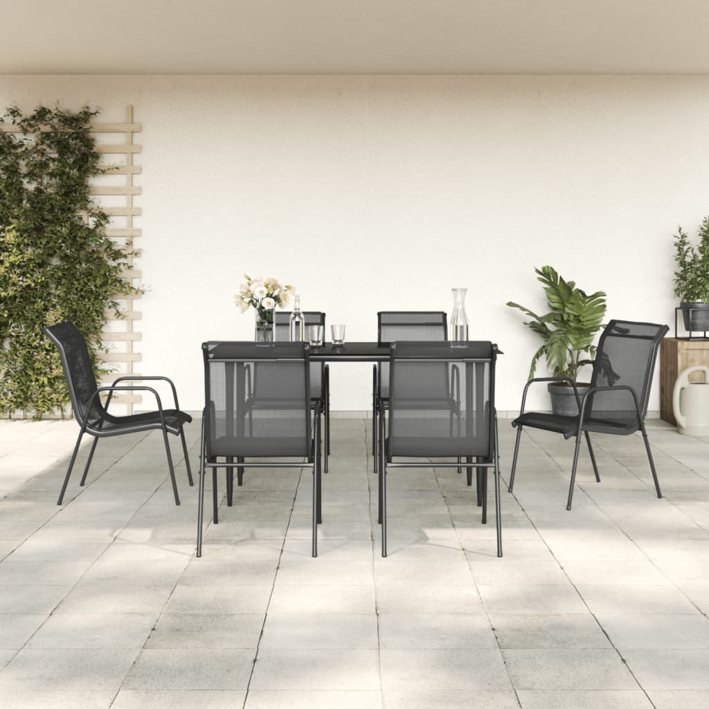 vidaXL 7 Piece Garden Dining Set Black Steel and Textilene 1