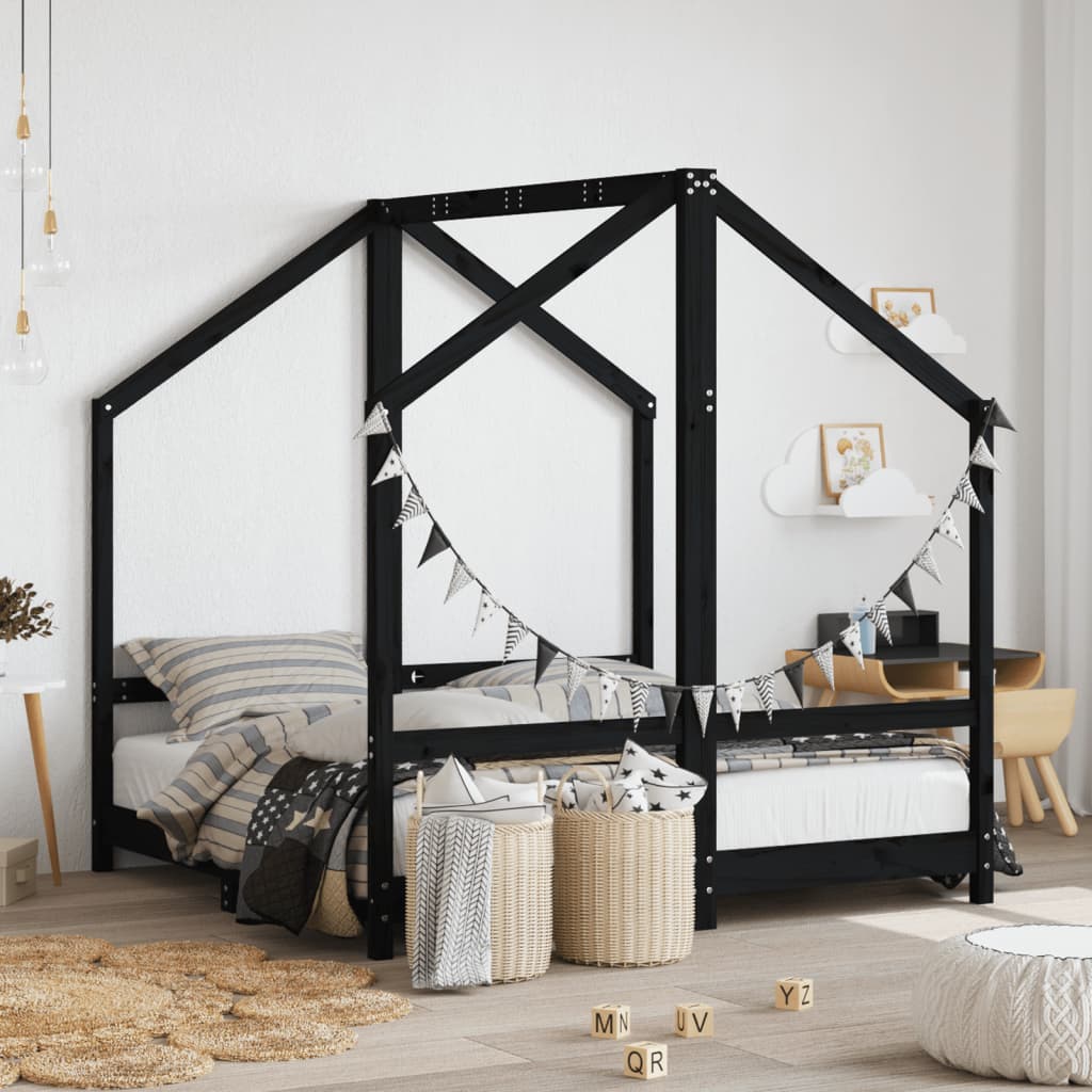 Kids Bed Frame Solid Wood Pine Black 2 x (70 x 140) cm