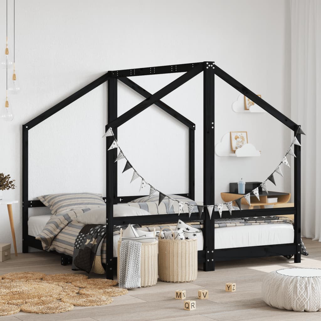 Kids Bed Frame Solid Wood Pine Black 2 x (80 x 160) cm
