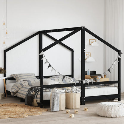 Kids Bed Frame Solid Wood Pine Black 2 x (90 x 190) cm