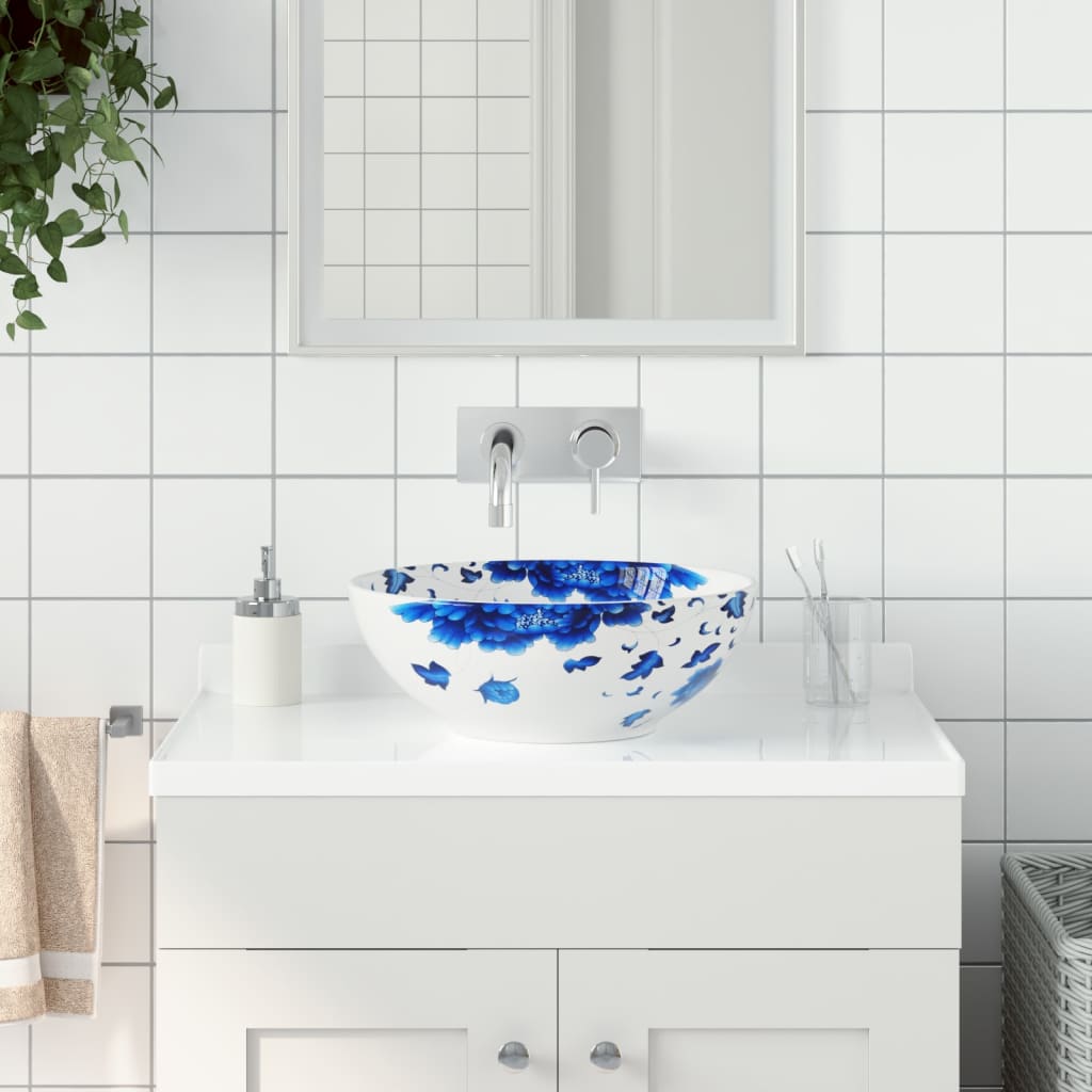 Countertop Basin Round Φ41x14 Ceramic Blue and white