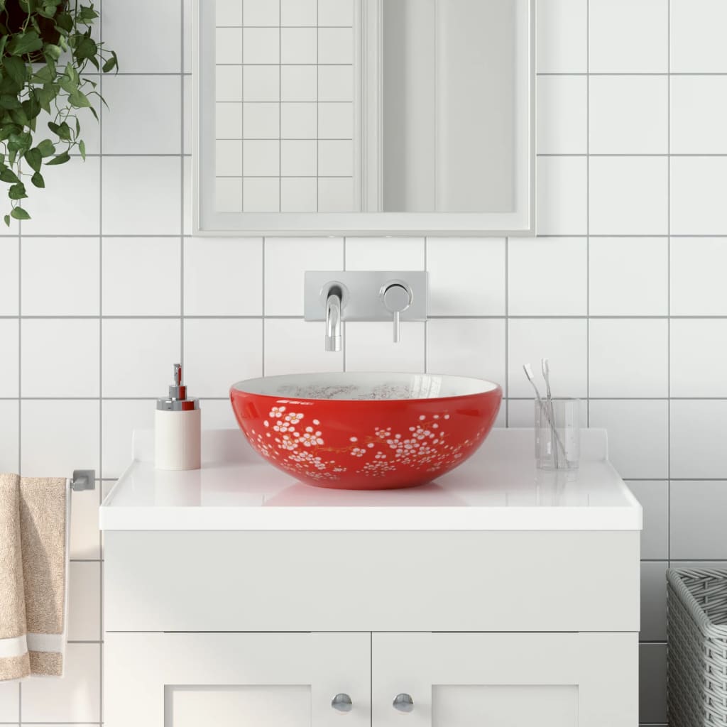 Countertop Basin Round Φ41x14 Ceramic White and red