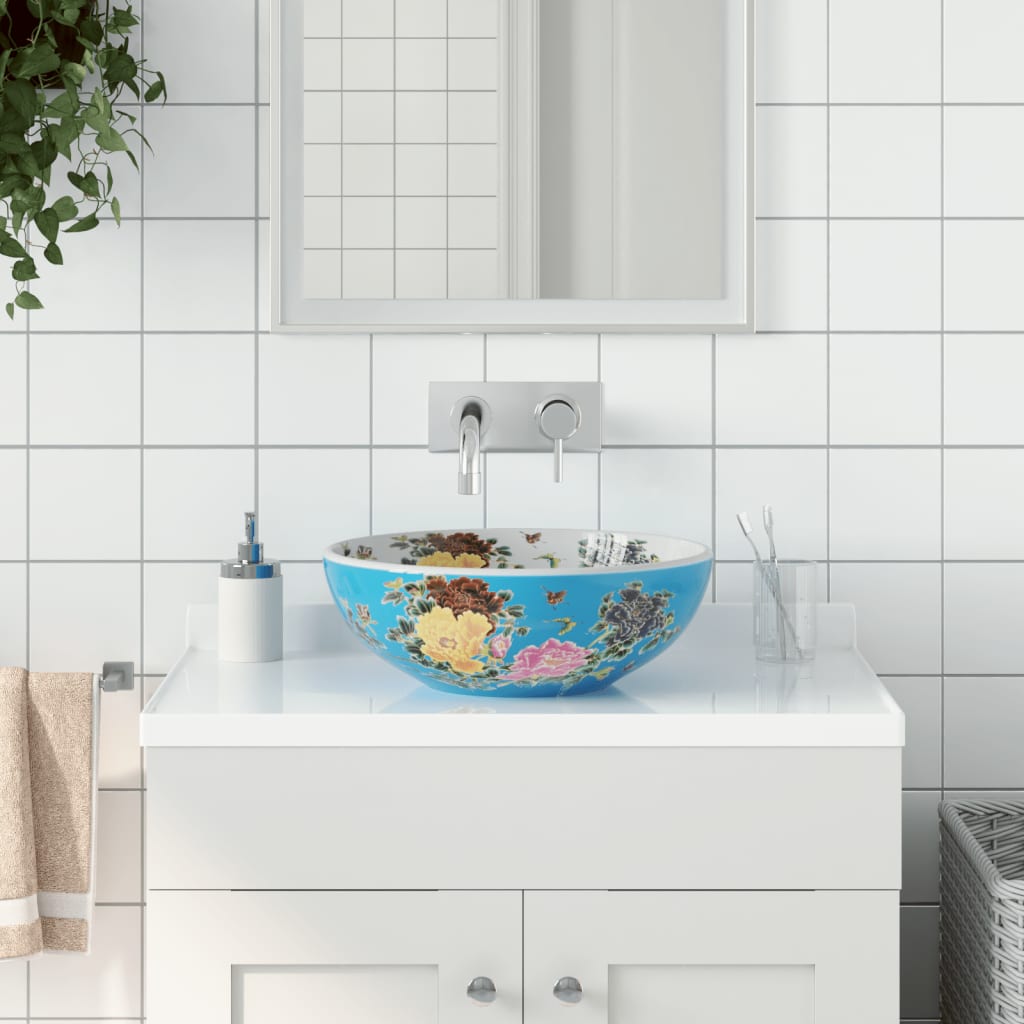 Countertop Basin Round Φ41x14 Ceramic Blue and yellow