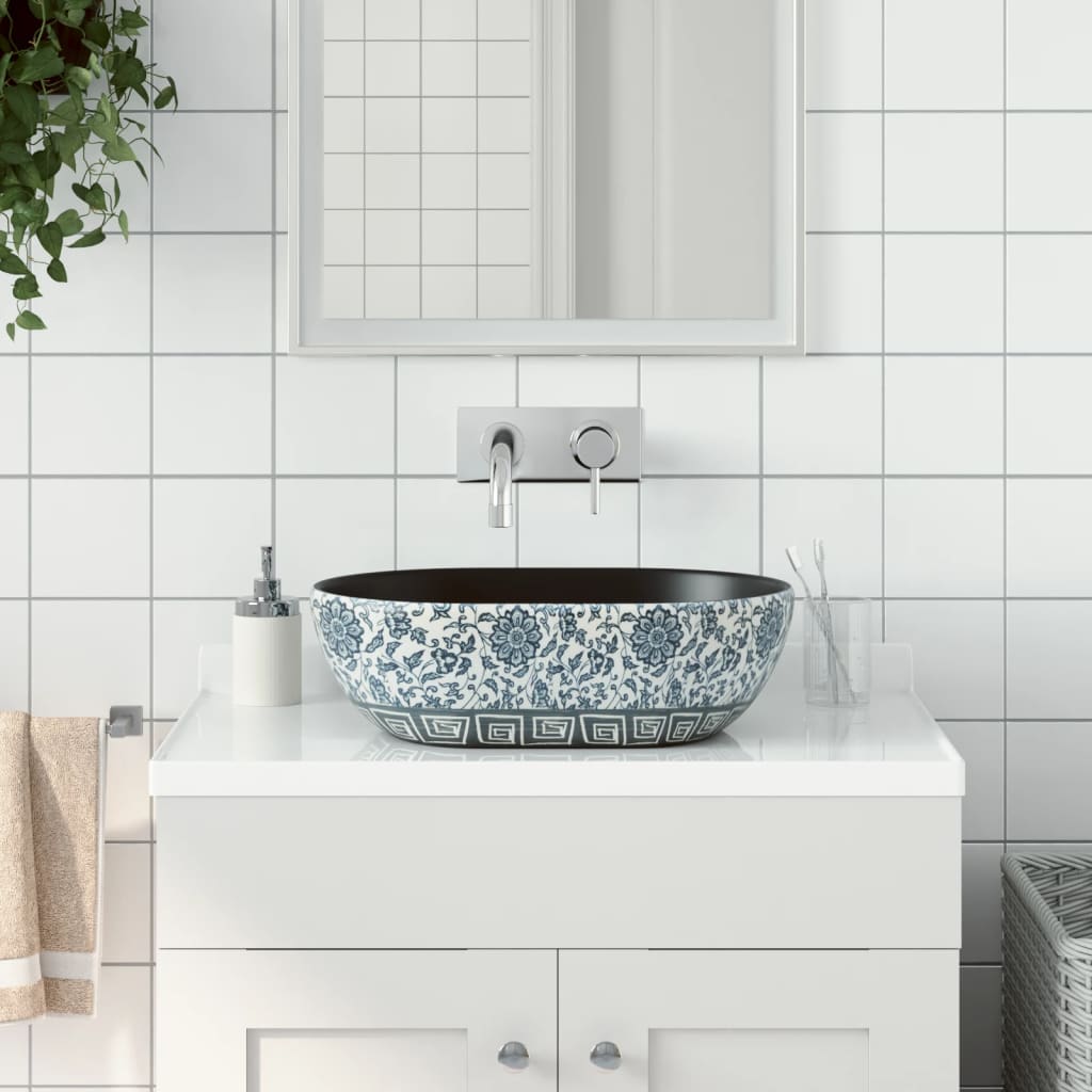 Countertop Basin Oval 47x33x13 cm Ceramic Black and blue