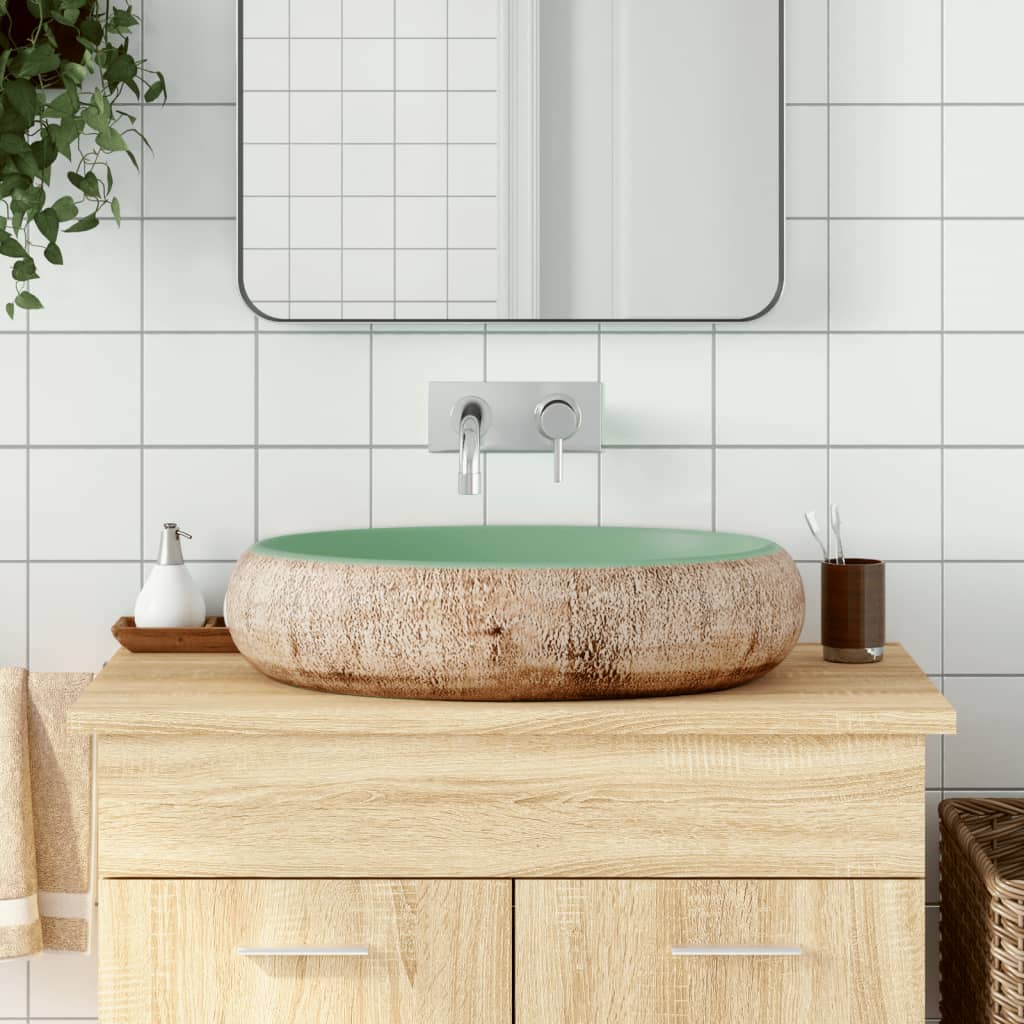 Countertop Basin Oval 59x40x15 cm Ceramic Green and brown