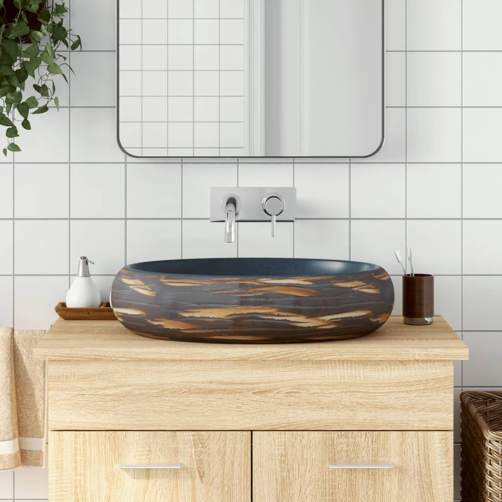 Countertop Basin Oval 59x40x15 cm Ceramic Blue and brown