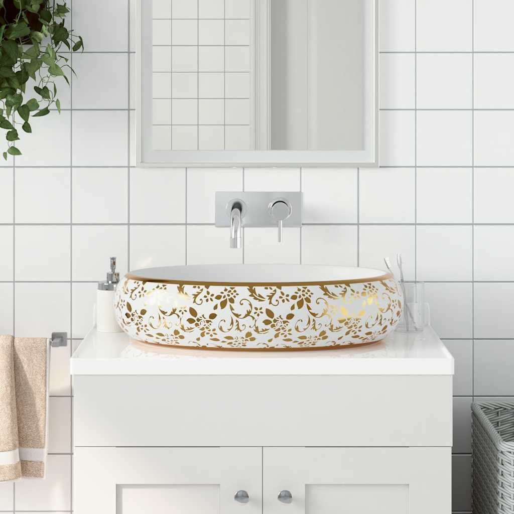 Countertop Basin Oval 59x40x15 cm Ceramic White and gold