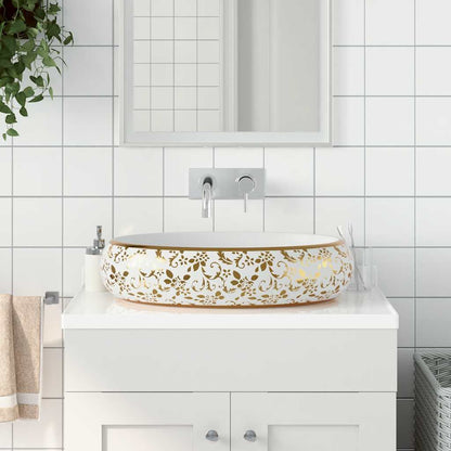 Countertop Basin Oval 59x40x15 cm Ceramic White and gold