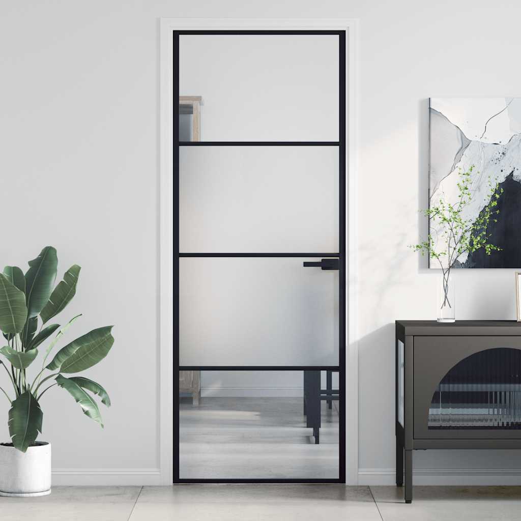 Interior Door Slim Black 76x201.5 cm Tempered Glass&Aluminium 3 Horizontal Bars Black & transparent & matt