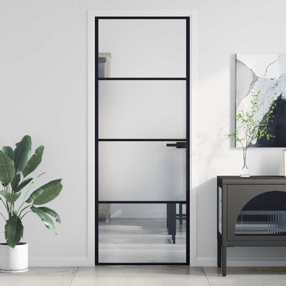 Interior Door Slim Black 76x201.5 cm Tempered Glass&Aluminium 3 Horizontal Bars Black & transparent & matt