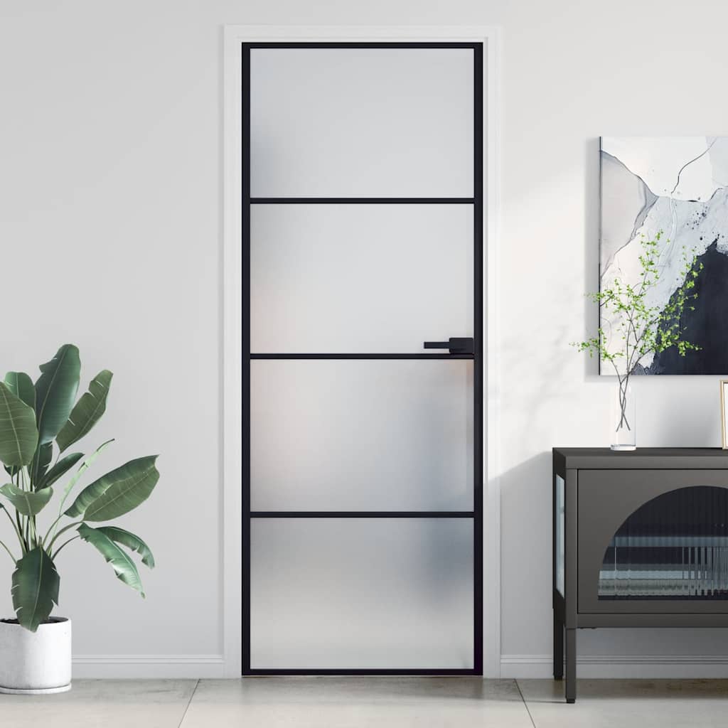Interior Door Slim Black 76x201.5 cm Tempered Glass&Aluminium 3 Horizontal Bars Black and matt