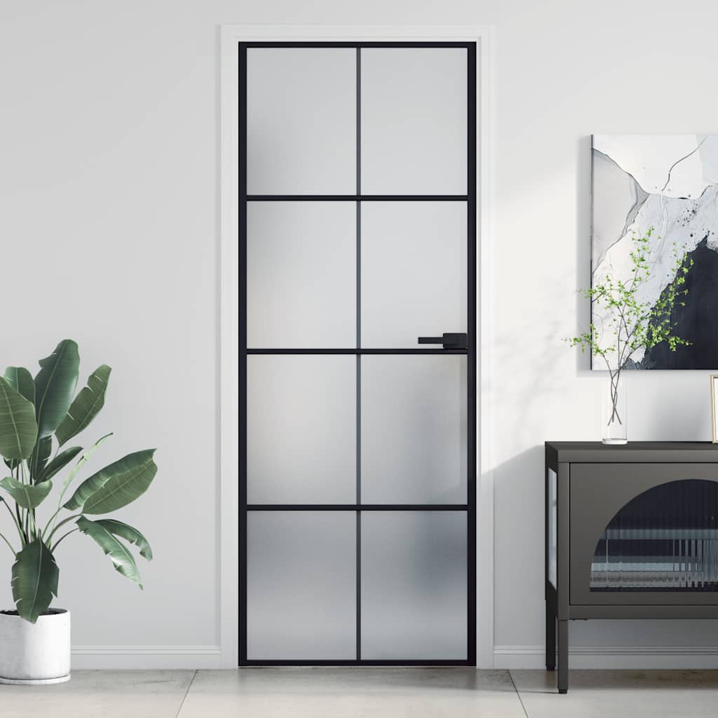 Interior Door Slim Black 76x201.5 cm Tempered Glass&Aluminium 4x2 Grids Black and matt
