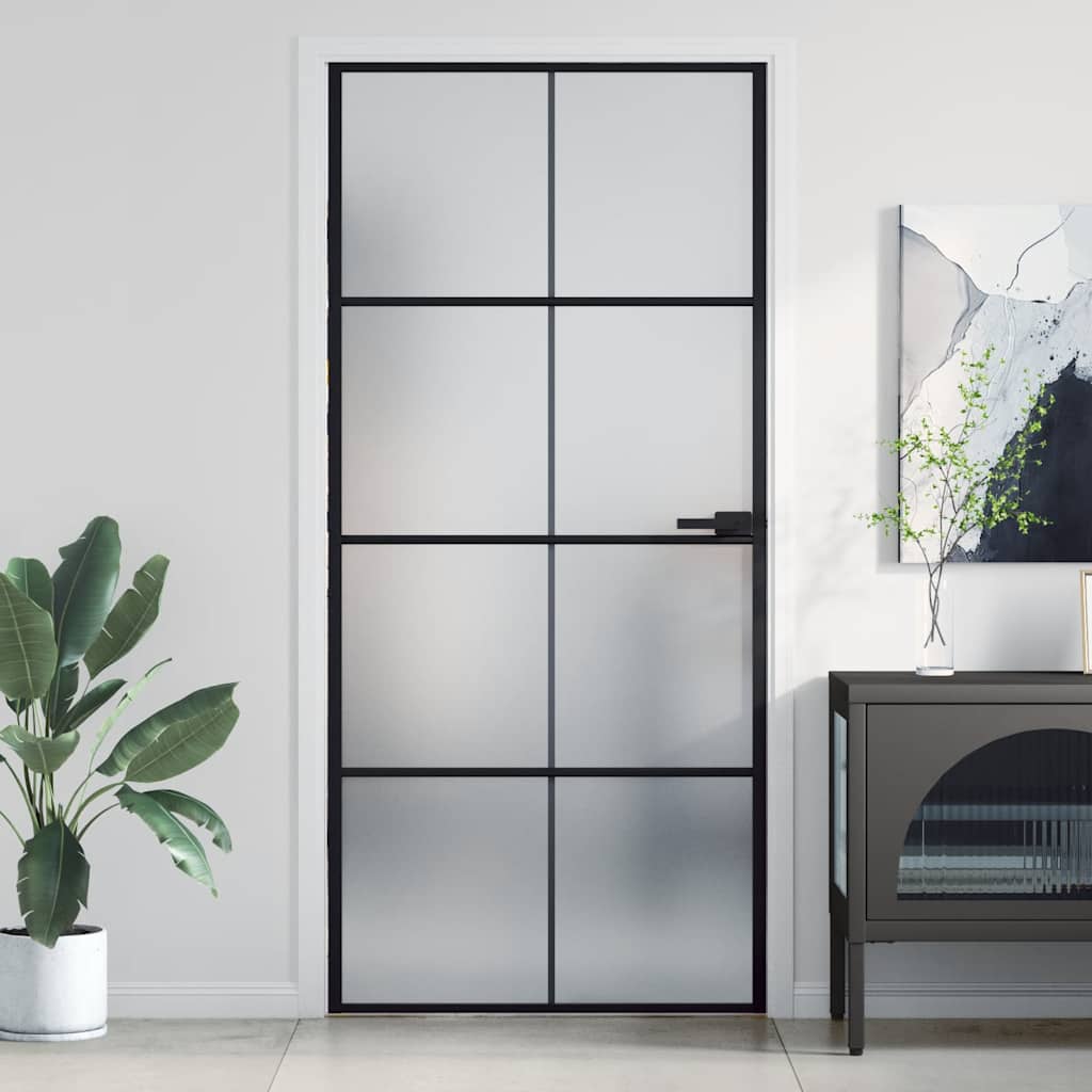 vidaXL Interior Door Slim Black 93x201.5 cm Tempered Glass and Aluminium 1