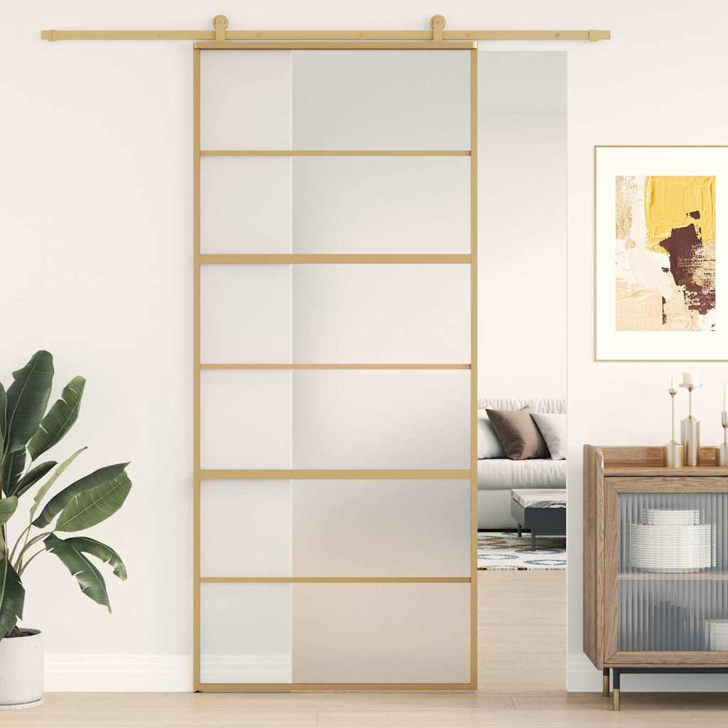 Sliding Door 90x205 cm Clear ESG Glass and Aluminium Gold and matt 5 horizontal bars
