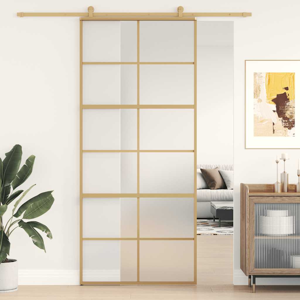 Sliding Door 90x205 cm Clear ESG Glass and Aluminium Gold and matt 6x2 grids