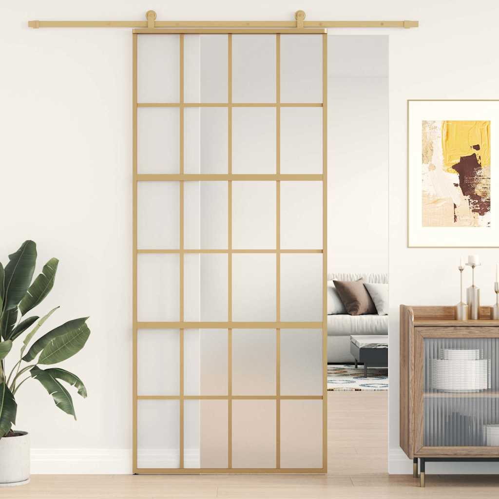 Sliding Door 90x205 cm Clear ESG Glass and Aluminium Gold and matt 6x4 grids