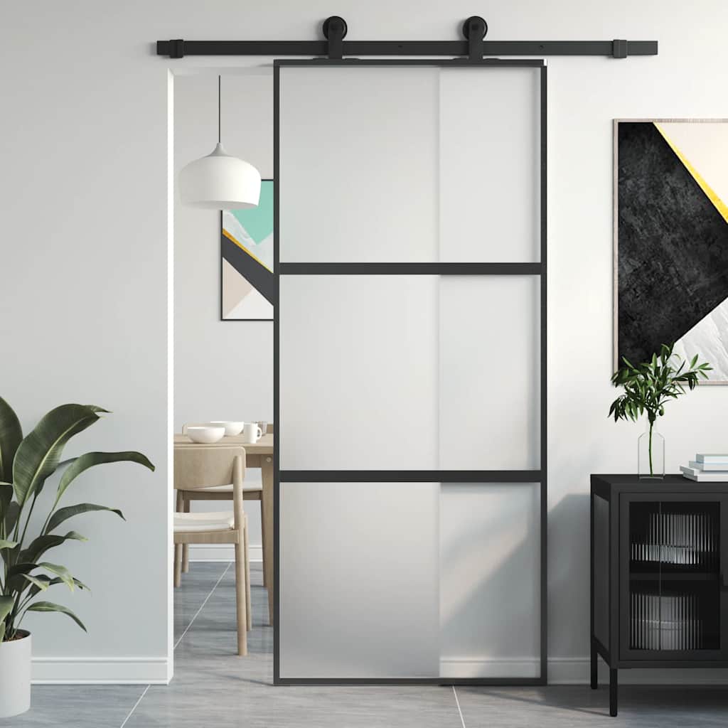 Sliding Door 90x205 cm Clear ESG Glass and Aluminium Black and matt 2 horizontal bars