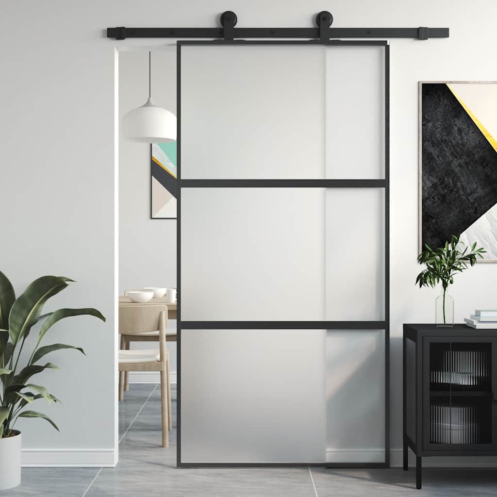 Sliding Door 102,5x205 cm Clear ESG Glass and Aluminium Length 205 cm Width 102.5 cm Black and matt 2 horizontal bars