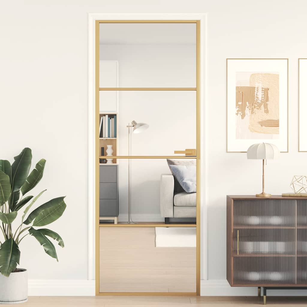 Interior Door Slim Black 76x201.5 cm Tempered Glass&Aluminium 3 Horizontal Bars Gold and transparent
