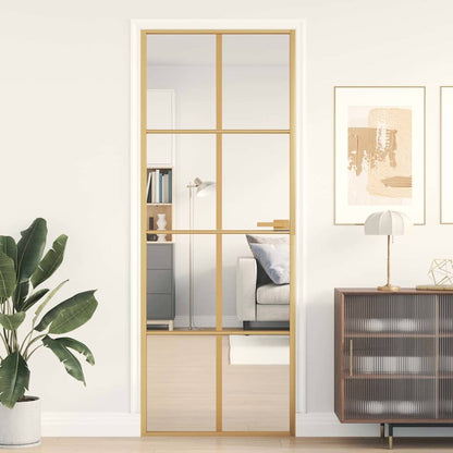 Interior Door Slim Black 76x201.5 cm Tempered Glass&Aluminium 4x2 Grids Gold and transparent